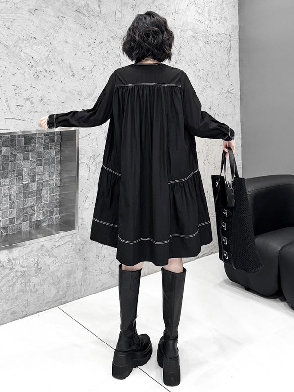 A-Line Long Sleeves Comfort Contrast Color Pleated V-Neck Mini Dresses