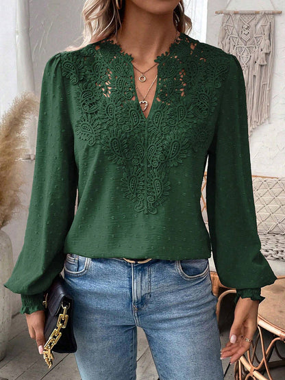 Balloon Sleeves Long Sleeves Embroidered Hollow Solid Color V-Neck Blouses&Shirts Tops