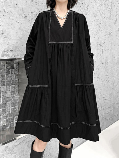 A-Line Long Sleeves Comfort Contrast Color Pleated V-Neck Mini Dresses