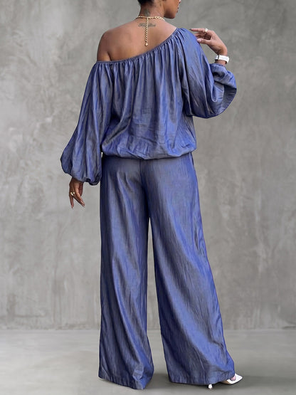 Solid Color One-Shoulder Long Sleeves Pleated Elasticity Blouses&Shirts Tops + High Waisted Pants Trousers Two Pieces Set