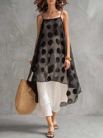 False Two Sleeveless Contrast Color Polka Dot See-Through Spaghetti-Neck Midi Dresses Slip Dress