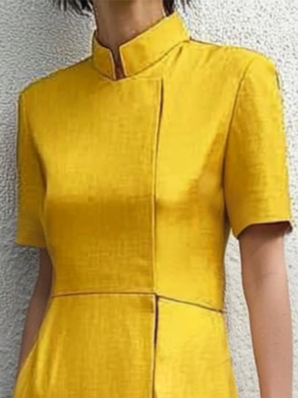 Short Sleeves Pockets Solid Color Split-Joint Stand Collar Maxi Dresses Shirt Dress