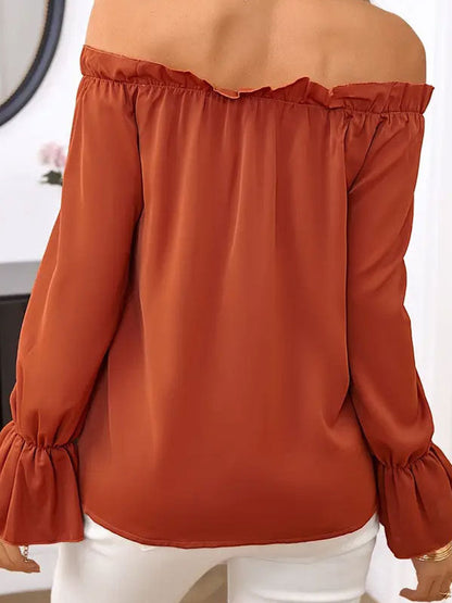 Flared Sleeves Long Sleeves Drawstring Elasticity Pleated Solid Color Off-the-shoulder Blouses&shirts Tops