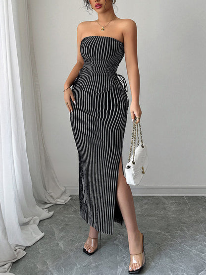 Sleeveless Contrast Color Striped Tube Top + Split-Side Drawstring Bodycon Skirts Bottom Two Pieces Set