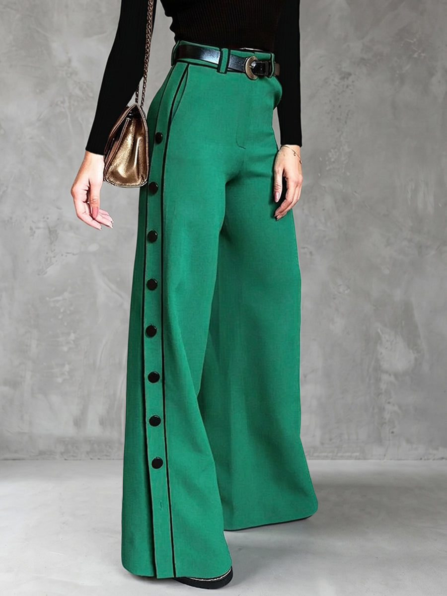 High Waisted Wide Leg Buttoned Contrast Color Line Pockets Pants Trousers