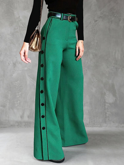 High Waisted Wide Leg Buttoned Contrast Color Line Pockets Pants Trousers