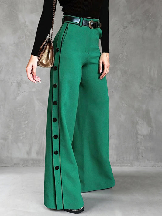 High Waisted Wide Leg Buttoned Contrast Color Line Pockets Pants Trousers