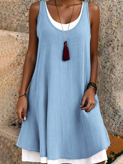 A-Line False Two Solid Color Split-Joint U-Neck Midi Dresses