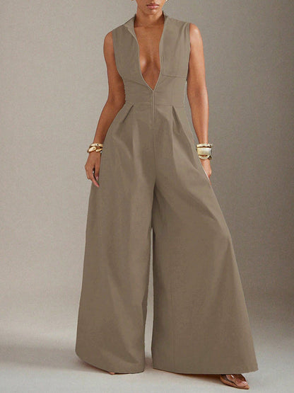 Sleeveless Wide Leg Pleated Solid Color Split-Joint Zipper Round-Neck Jumpsuits