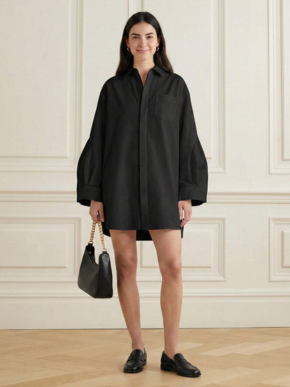 Long Sleeves Loose Buttoned Pockets Solid Color Split-Joint Lapel Mini Dresses Shirt Dress