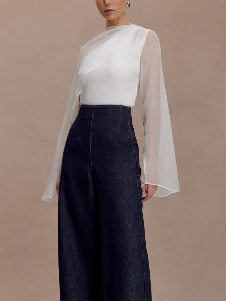 Cape Wrap Asymmetric See-Through Solid Color Split-Joint Round-Neck Blouses&Shirts Tops