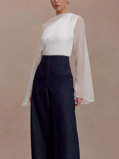 Cape Wrap Asymmetric See-Through Solid Color Split-Joint Round-Neck Blouses&Shirts Tops