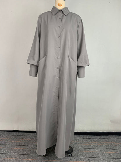 Long Sleeves Loose Solid Color Split-Joint Split-Side Lapel Maxi Dresses Shirt Dress