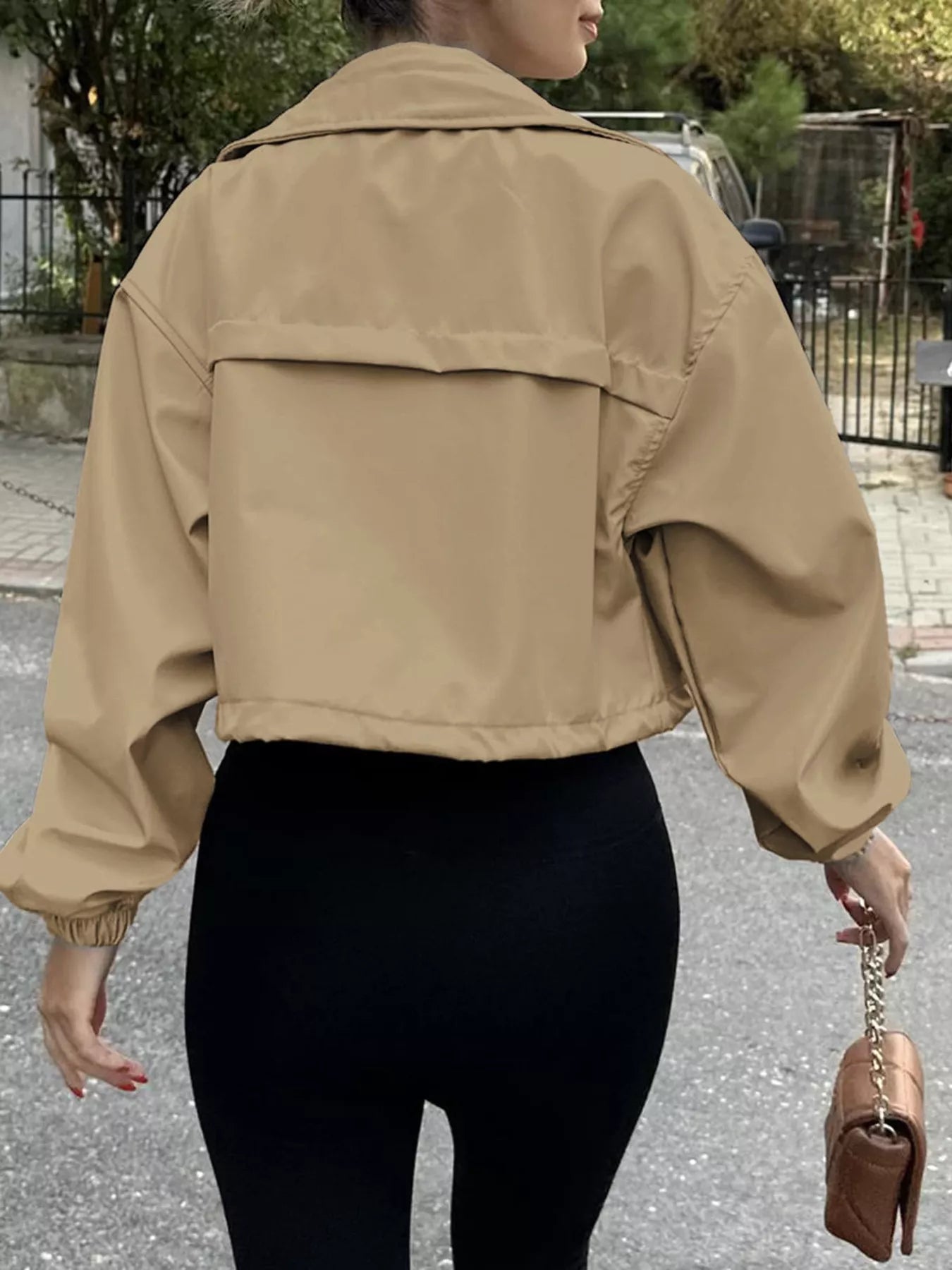 Crop Drawstring Hem Zip Up Jacket