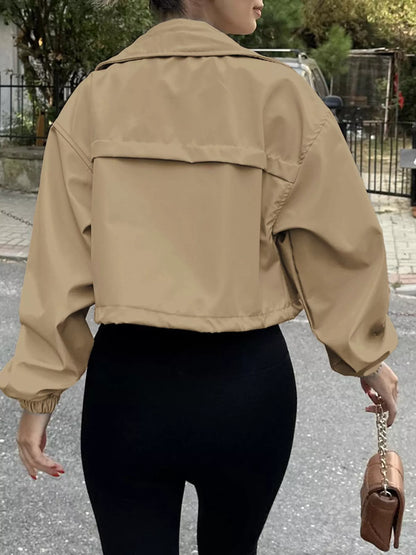 Crop Drawstring Hem Zip Up Jacket
