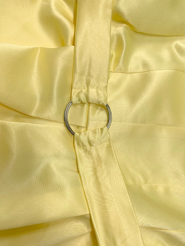 A-Line Loose Belted Pleated Pockets Solid Color V-Neck Midi Dresses