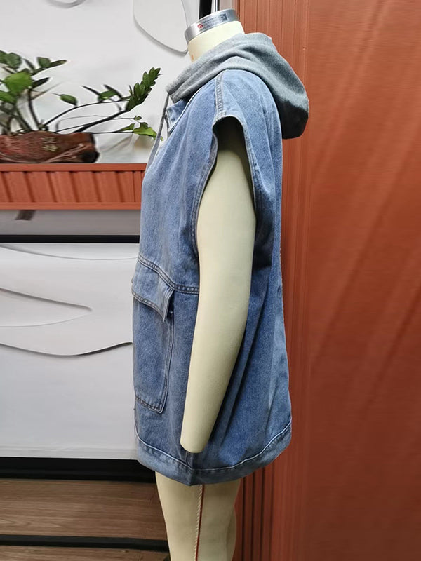 Gilet ample sans manches, boutonné, poches à capuche amovibles, col à revers fendu, vêtements d'extérieur 