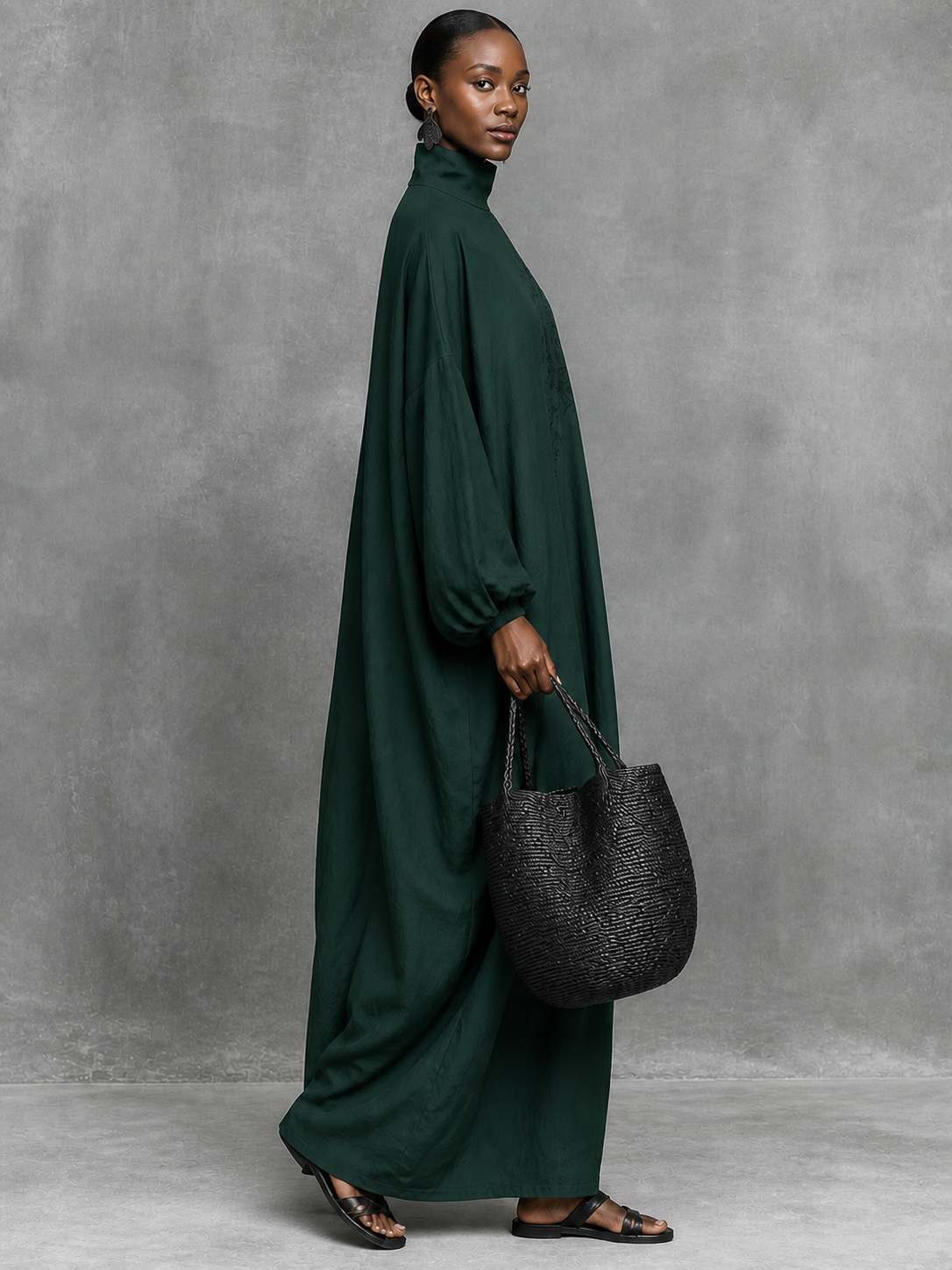 Solid Color Pockets Embroidered Loose Long Sleeves High Neck Maxi Dresses