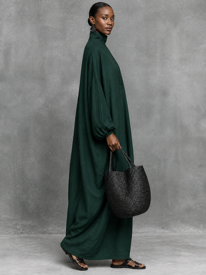 Solid Color Pockets Embroidered Loose Long Sleeves High Neck Maxi Dresses
