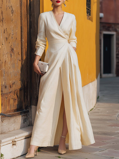 High Waisted Long Sleeves Pleated Solid Color Split-Front V-Neck Maxi Dresses