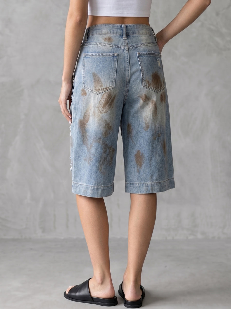 Cropped High Waisted Buttoned Hollow Pockets Split-Joint Jean Pants Bottoms