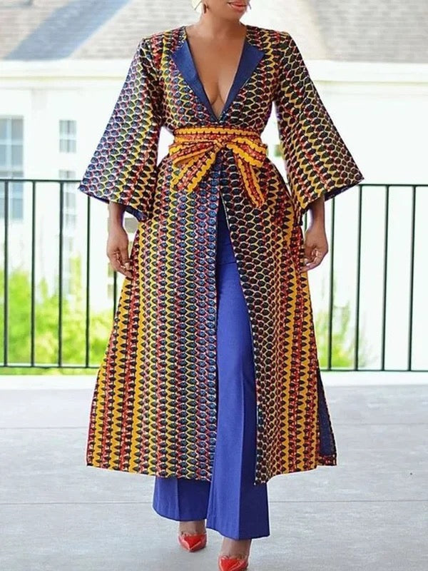 Long Sleeves Loose Contrast Color Tied Round-Neck Outerwear