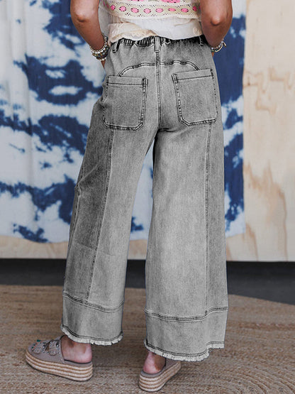 High Waisted Loose Drawstring Fringed Pockets Solid Color Jean Pants Bottoms