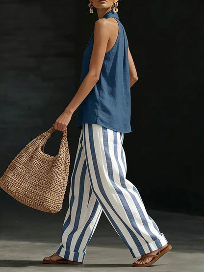 Loose Plus Size Contrast Color Striped Halter-Neck Vest Top + Pants Bottom Two Pieces Set