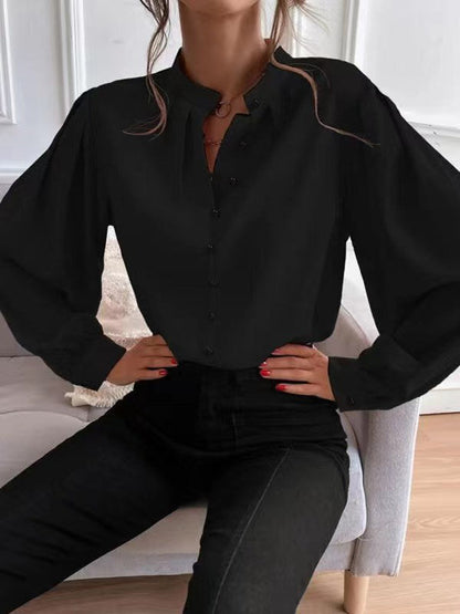 Loose Puff Sleeves Pleated Solid Color Split-Joint Stand Collar Blouses