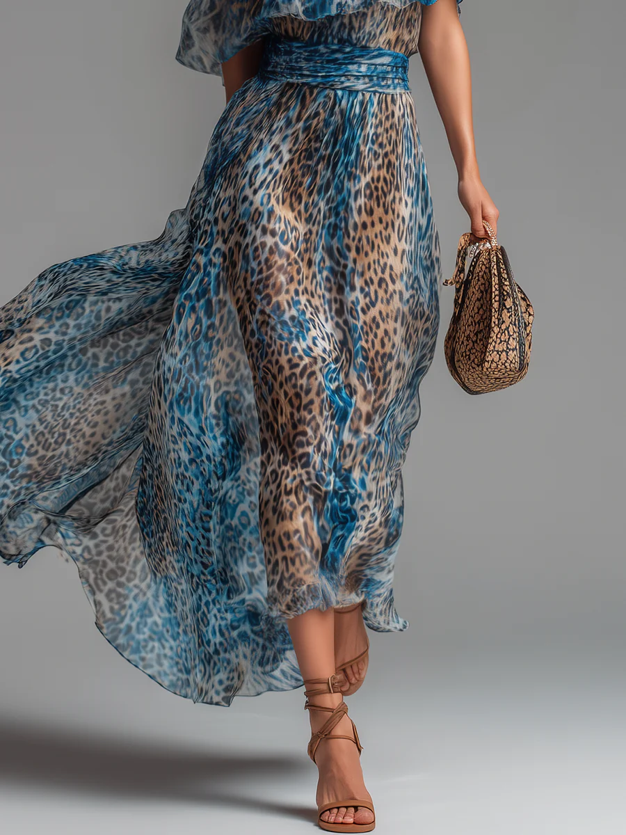 A-Line High Waisted Contrast Color Elasticity Leopard One-Shoulder Maxi Dresses