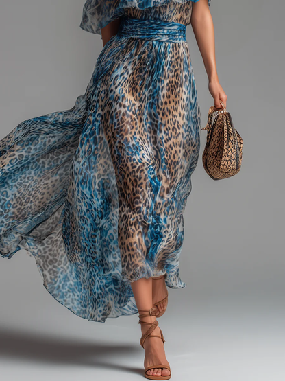 A-Line High Waisted Contrast Color Elasticity Leopard One-Shoulder Maxi Dresses