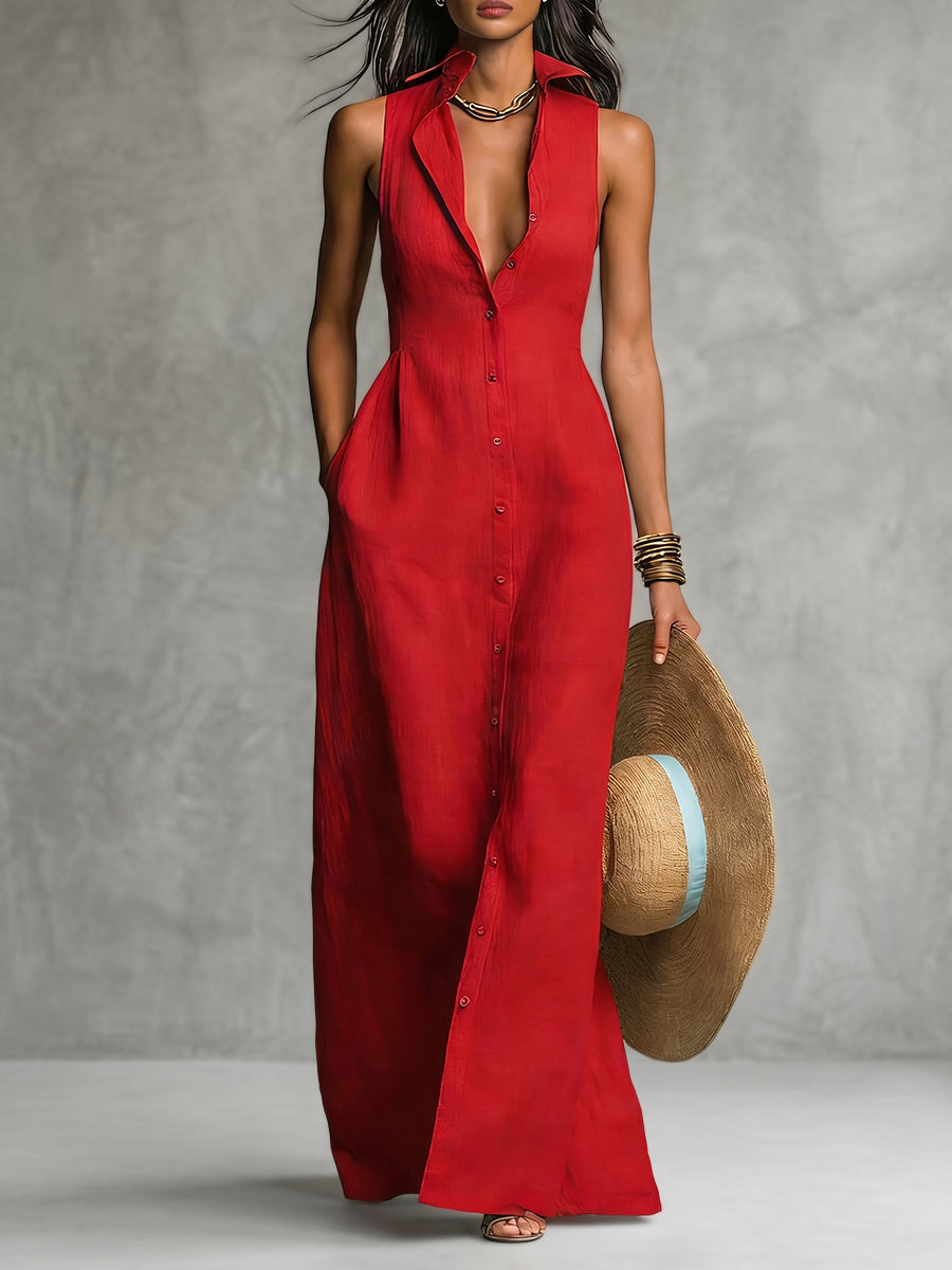 A-Line High Waisted Buttoned Pockets Solid Color Lapel Maxi Dresses Shirt Dress