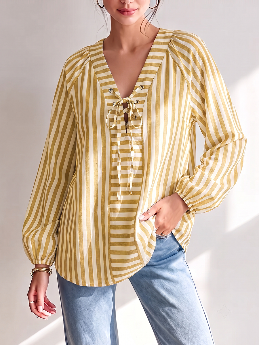 Striped Hollow Drawstring Contrast Color Puff Sleeves Loose V-neck Blouses&shirts Tops