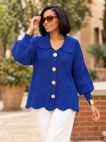 Solid Color Ribbed Knit Buttoned Asymmetric Plus Size Loose Lapel Cardigan Tops