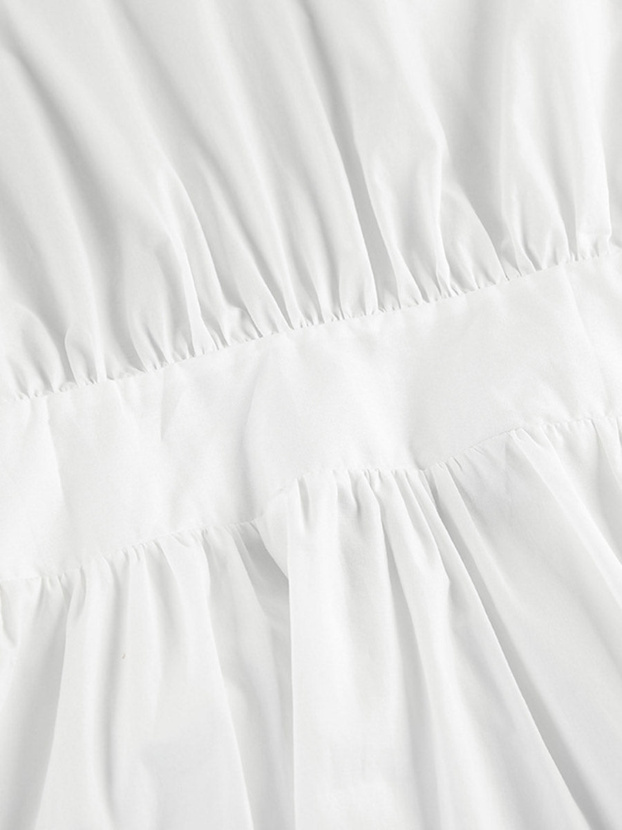 Elasticated Waist High Waisted Pleated Solid Color Split-Joint Tied Waist Round-Neck Blouses&Shirts Tops