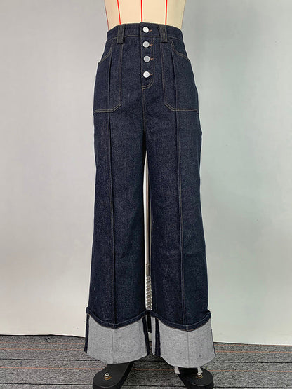 High Waisted Straight Leg Contrast Color Split-Joint Jean Pants Bottoms
