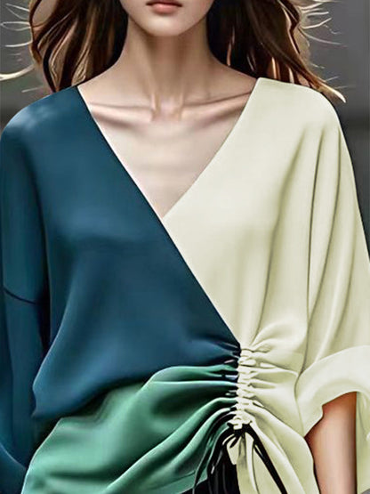 Long Sleeves Loose Color-Block Contrast Color Drawstring Elasticity V-Neck Blouses&Shirts Tops