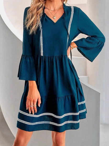 Flared Sleeves High Waisted Pleated Split-Joint V-Neck Mini Dresses