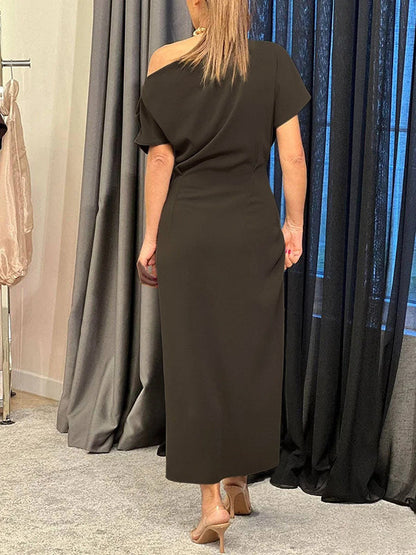 Raglan Sleeve Asymmetric Pleated Split-Front Split-Joint One-Shoulder Evening Dresses Maxi Dresses