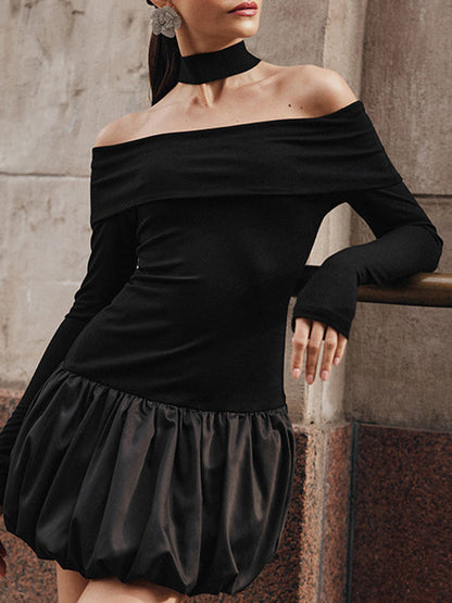 Mini-robes taille haute, manches longues, couleur contrastée, plissées, fendues, épaules dénudées 