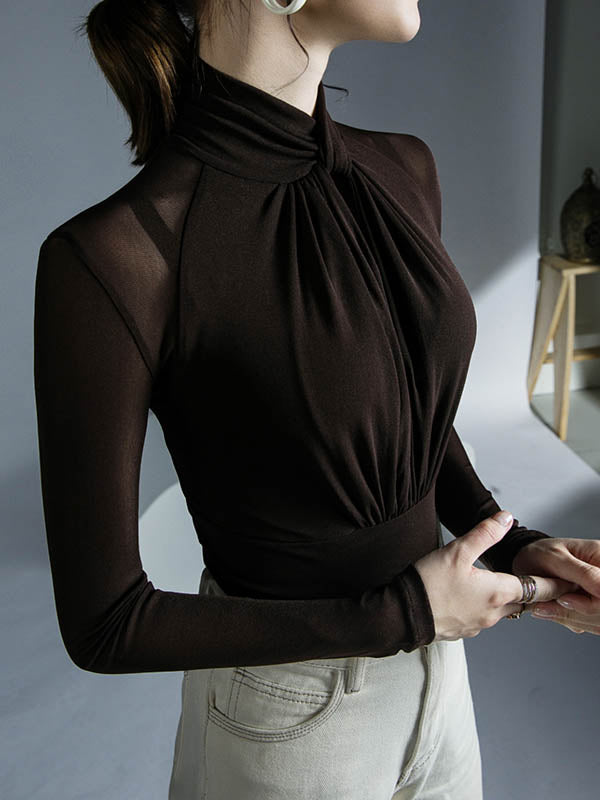 Long Sleeves Plus Size Hollow Mesh Pleated See-Through Solid Color Twist Half Turtleneck Blouses&Shirts Tops