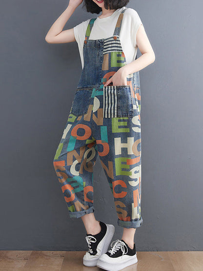 High Waisted Loose Asymmetric Buttoned Letter Print Pockets Split-Joint Striped Overalls