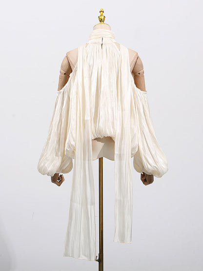 Long Sleeves Loose Pleated Solid Color Tied Halter-Neck Blouses&Shirts Tops