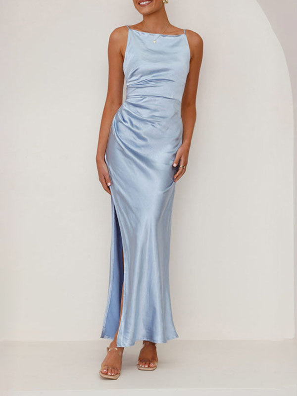 Sleeveless Pleated Solid Color Split-Joint Split-Side Spaghetti-Neck Midi Dresses