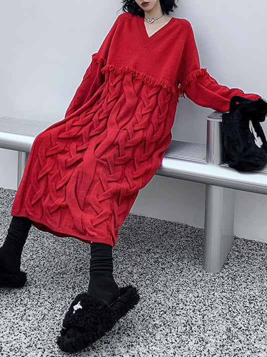 Long Sleeves Loose Solid Color Split-Joint Tasseled V-Neck Midi Dresses Sweater Dresses