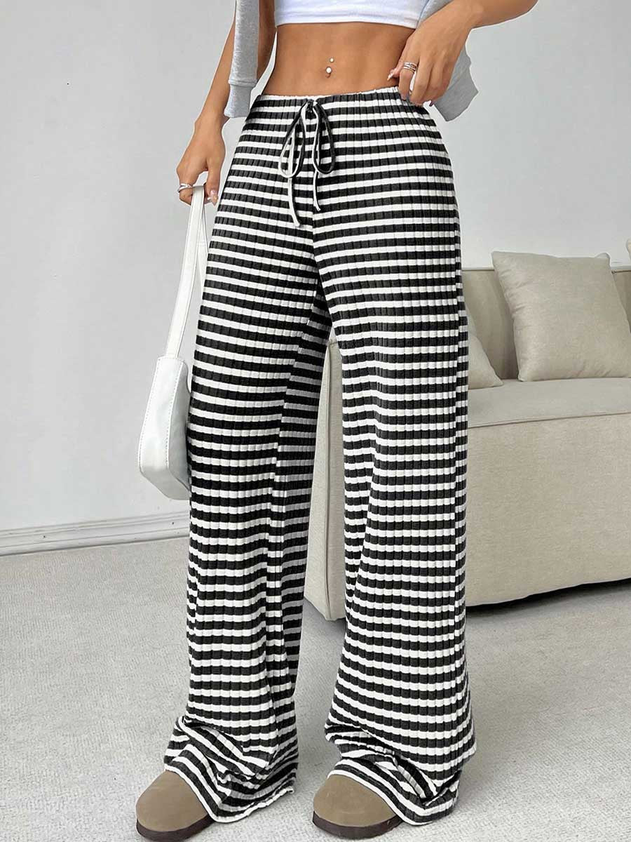 Elasticated Waist High Waisted Contrast Color Drawstring Split-Joint Striped Pants