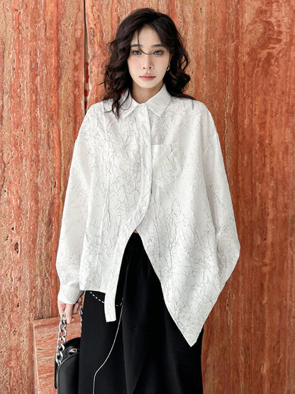 Irregularity Long Sleeves Abstract Printed Asymmetric Buttoned Wrinkled Lapel Blouses&Shirts Tops