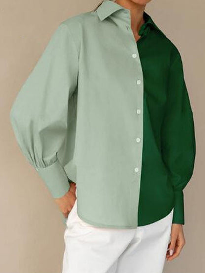 Long Sleeves Loose Buttoned Contrast Color Lapel Blouses&Shirts Tops GREEN