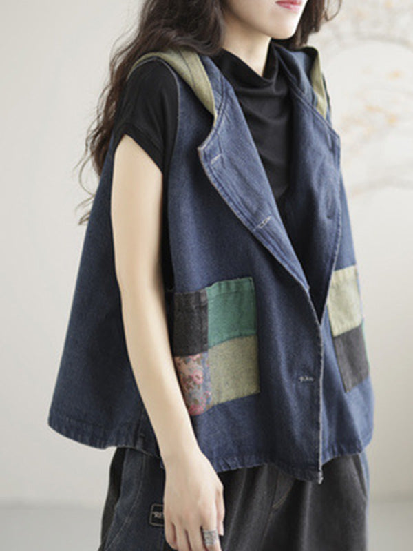 Gilet à capuche sans manches en denim ample et boutonné de couleur contrastée, style rétro artistique 