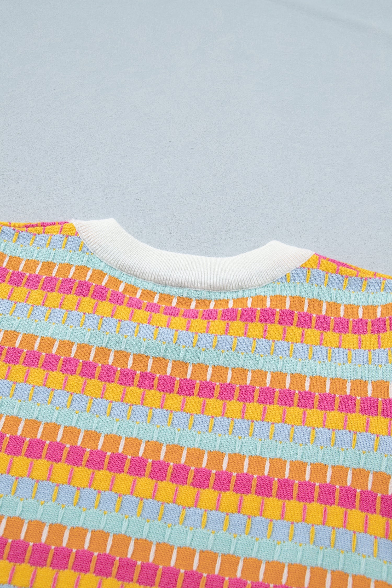 Rose Red Abstract Striped Knit Short Sleeve Sweater
